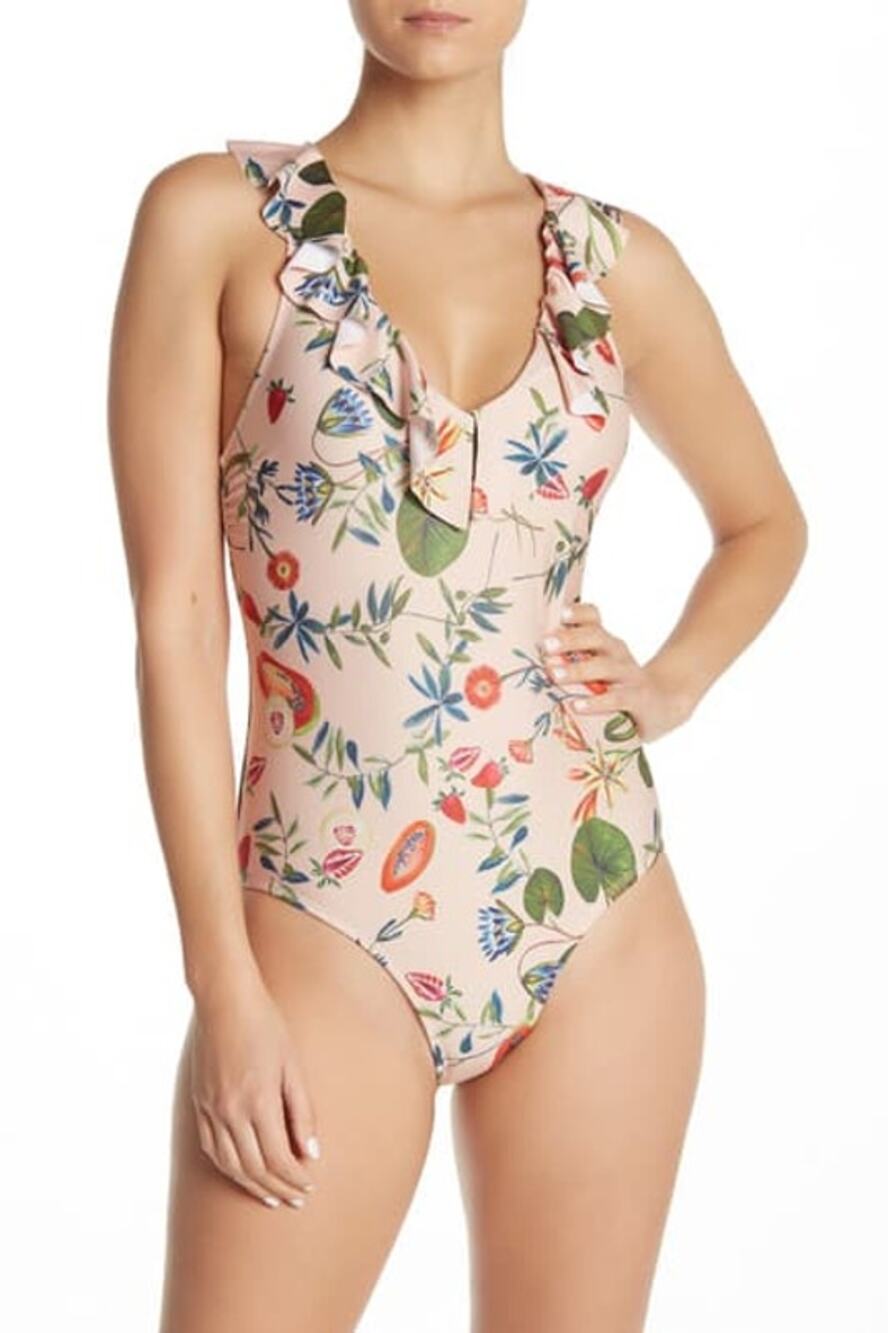 Free Press Dani Ruffle One Piece Swimsuit Women's L Floral Fruit V-Neck NWOT